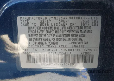 2017 Nissan Sentra Sr from USA, damaged, VIN 3N1AB7AP6HY304201